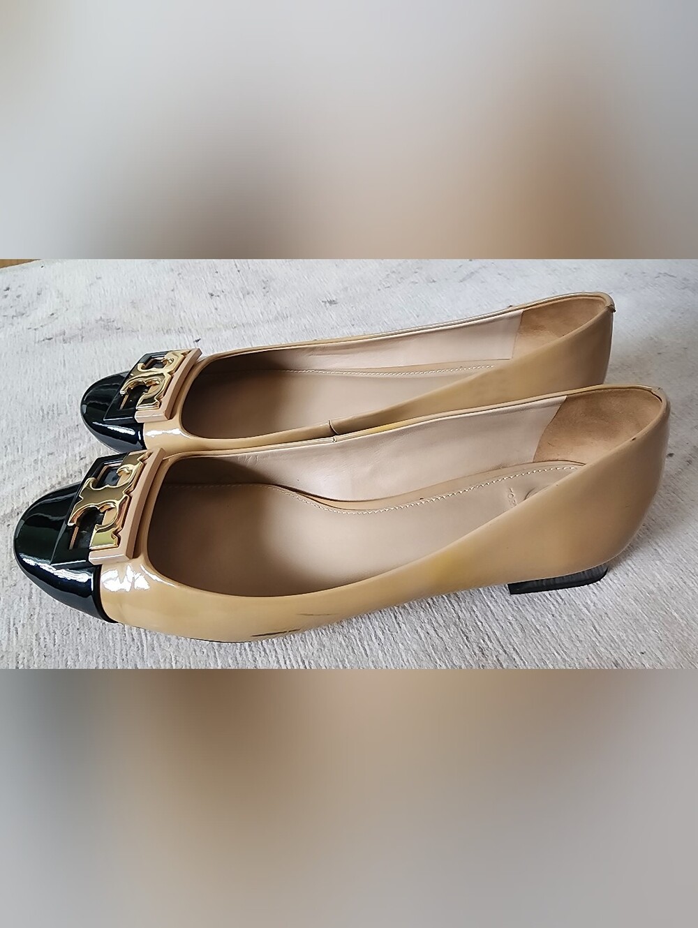 Two-Tone Beige and Black Cap-Toe Ballet Flats with Gold Accent - Picture 13 of 16